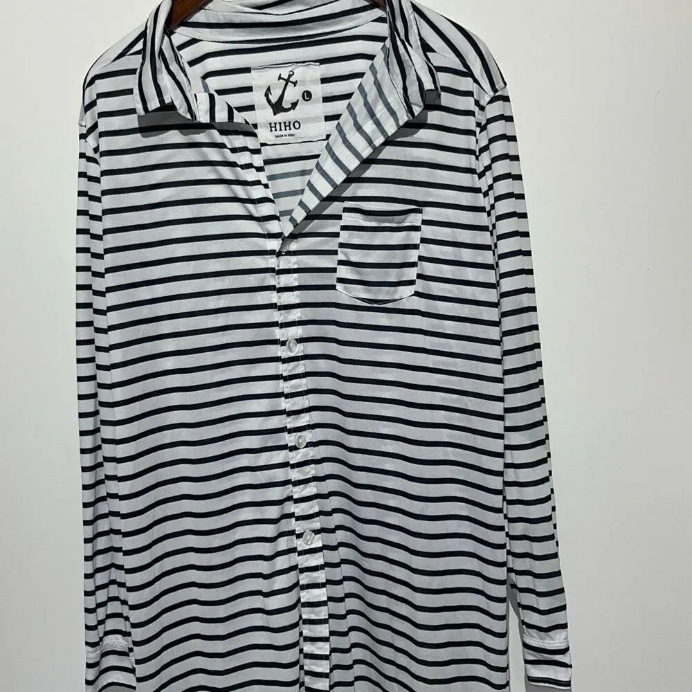 Hiho Womens Navy Blue White Striped Long Sleeve Button Down Beach Cover Up Large